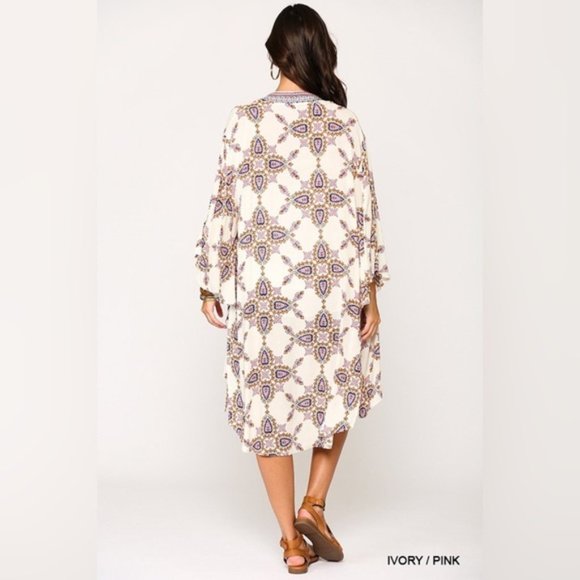 Gigio | Aster Ivory Pink Open Front Kimono Boho Bohemian Paisley Medallion Large - Picture 10 of 15